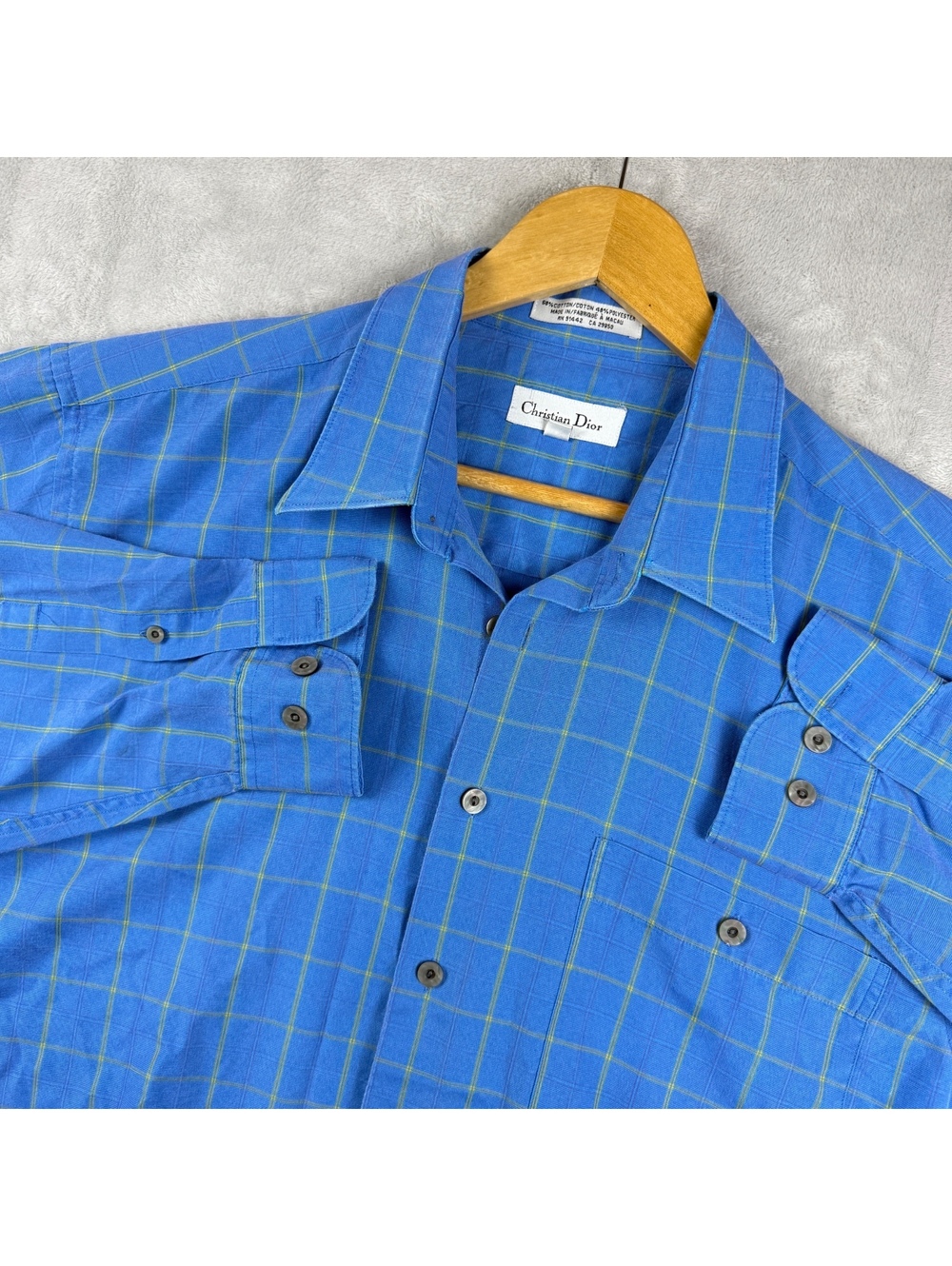 VTG Christian Dior Men’s L 17 Blue Plaid Button Shirt windowpane Check Luxury